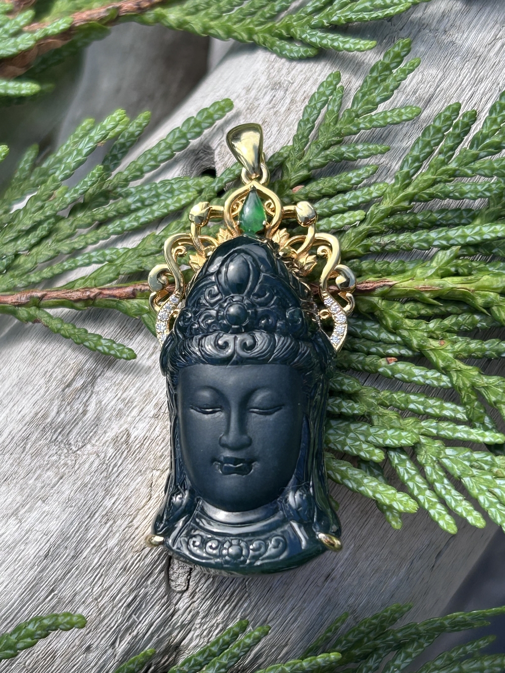Certified Grade A Mo Cui Jadeite Guanyin Bodhisattva Pendant